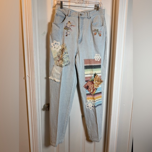 Cambridge Dry Goods Light Blue Straight Leg Jeans with Patchwork & Embroidery - Picture 1 of 11